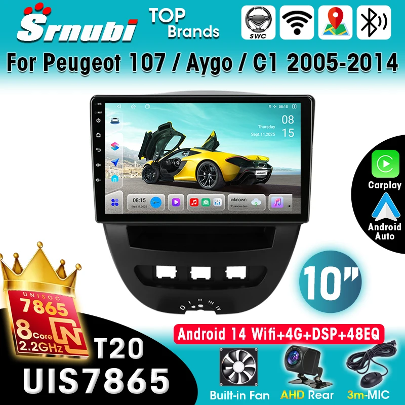 Srnubi für Peugeot 107 Toyota Aygo Citroen C1 2005-2014 Android 14 CarPlay GPS 4G WIFI BT FM Touchscreen Multimedia-Navigationssystem