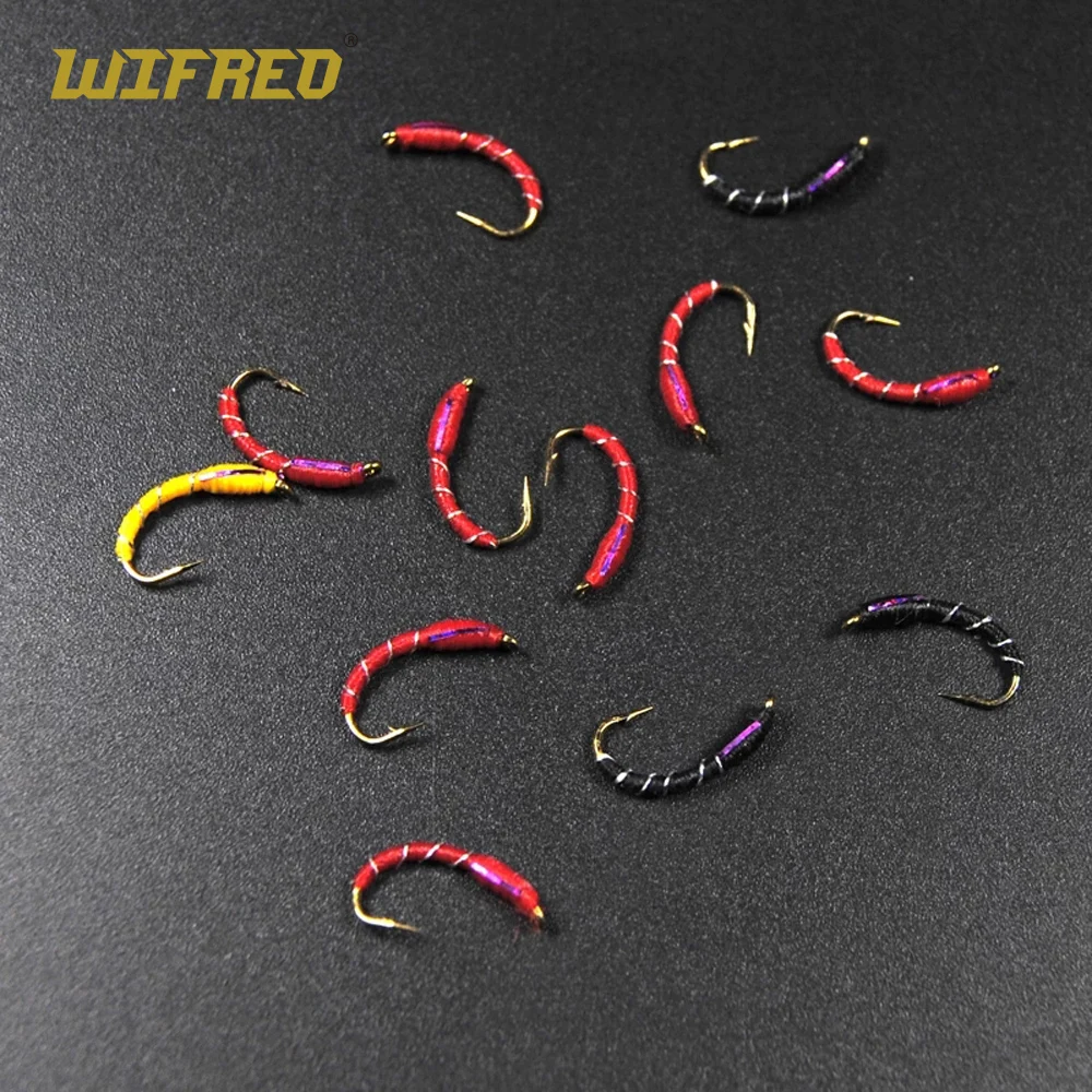 Wifreo 10PCS 12# Caddis Larva Chironomid Midge Pupa Buzzer Zebra Nymph Trout Flies Fly fishing Hook Black Red Orange