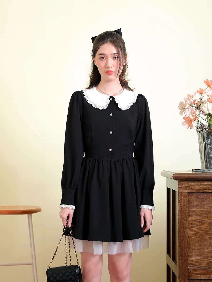 

Весеннее винтажное платье с длинным рукавом и воротником «Питер Пэн» для женщин, А-силуэт, с завышенной талией, черное, для молодых женщин