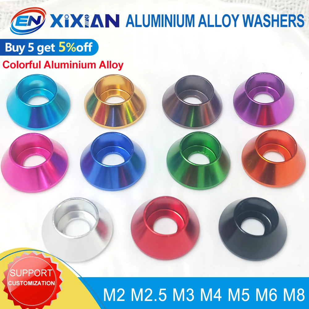 

Красочные сферические конические шайбы из алюминиевого сплава, прокладка для прокладок головки крышки, шайбы для радиоуправляемых деталей M2 M2.5 M3 M4 M5 M6 M8
