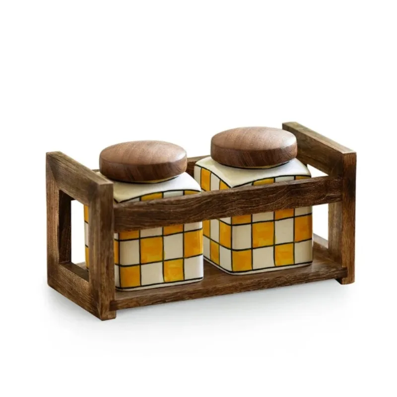 Checkered multi-functional ceramic storage tank and capacity with a set of hand-embossed airtight wooden supports