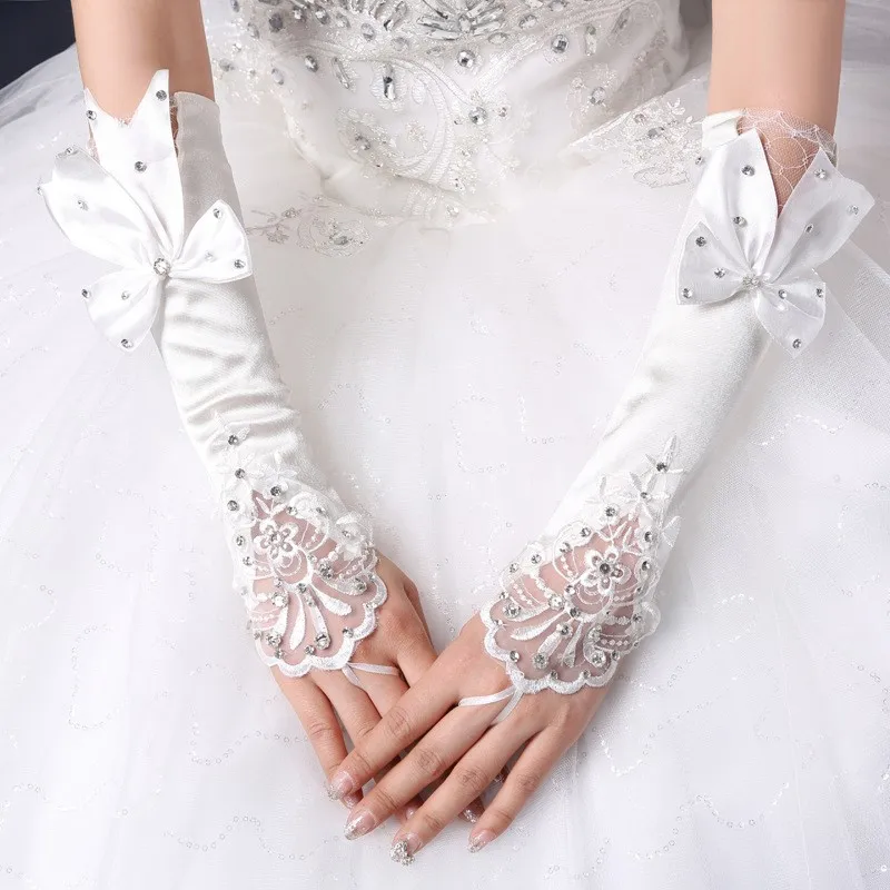 1pair Bride Gloves Wedding Hook Finger Small Flower Bow Diamond Long Satin Embroidery Fingerless Small Flower Lace Hollow Sleeve