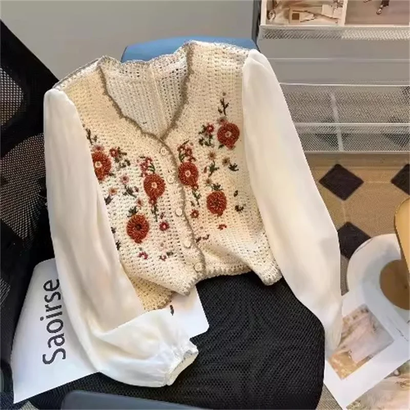 Spring and Autumn Retro Embroidered Knitted Cardigan Women\'s Design Feeling Small and Fake Two Long sleeved Shirts Top Sweater