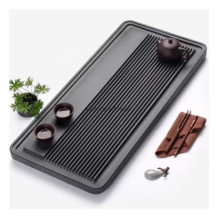 Chinese Tearoom Natural Black Wujinshi Stone Table Gongfu Elegant Tea Set With Pot and Tray Board Plates