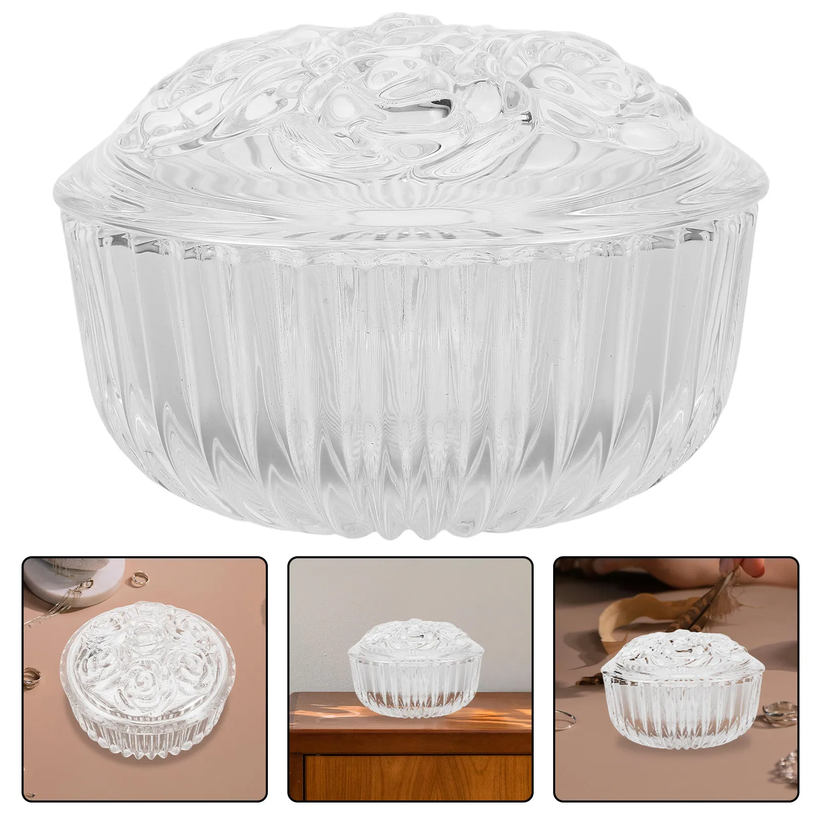 

Elegant European Glass Jewelry Box with Rose Lid Clear Transparent Trinket Storage Organizer for Women Vanity Table Display