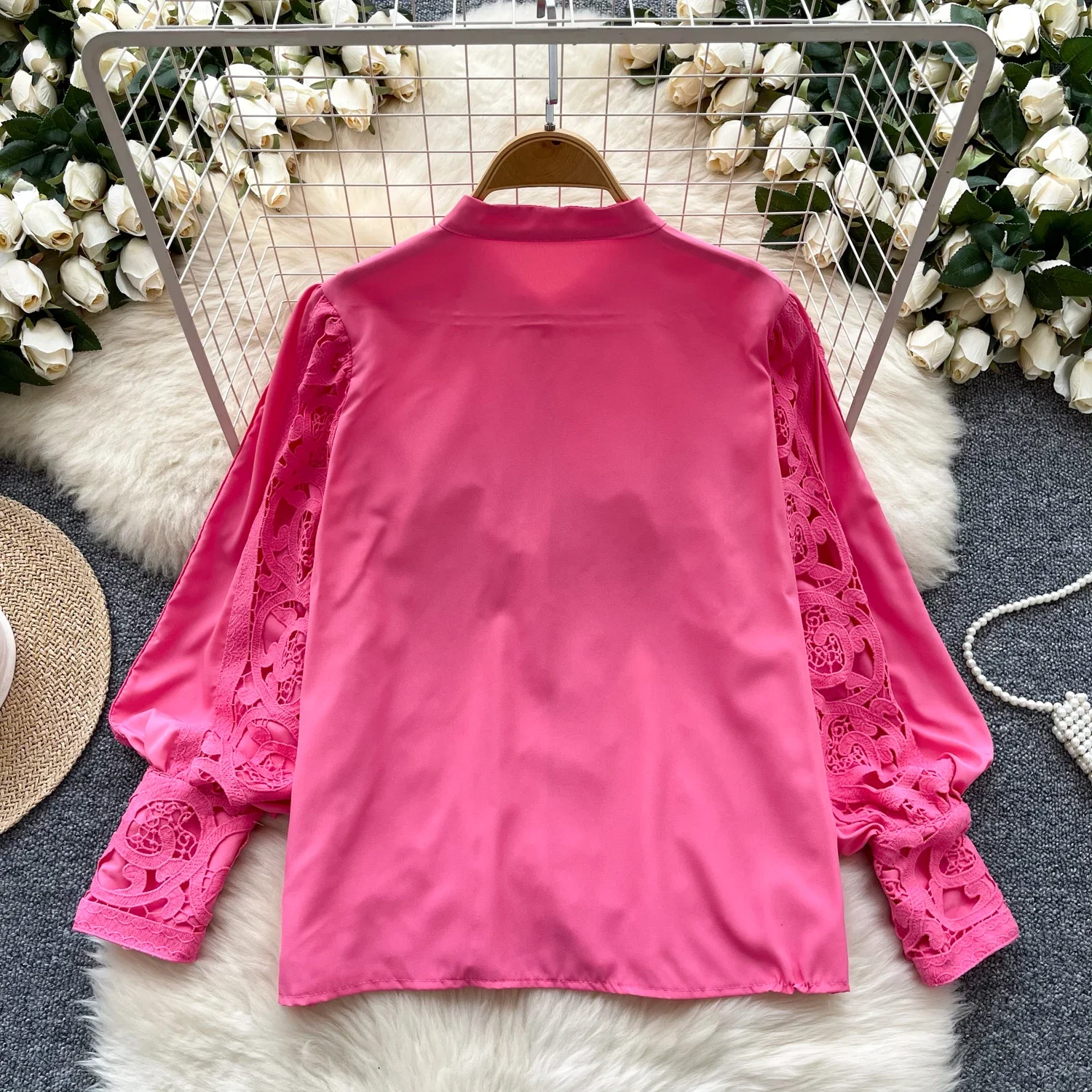 Chic Long Lantern Sleeve Casual Slim Single Breasted Basics Hollow Out Lace High Street Office Lady Vintage Spring Summer Blouse