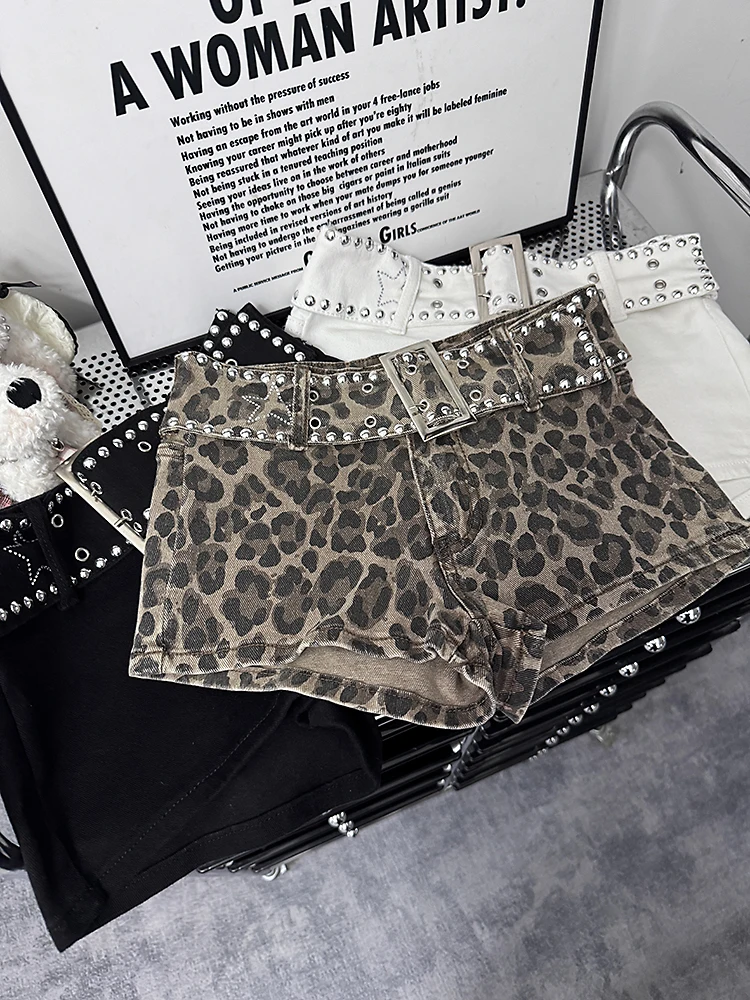 Dames zomer herfst high street luipaard denim shorts dame streetwear lage taille slanke denim korte broek