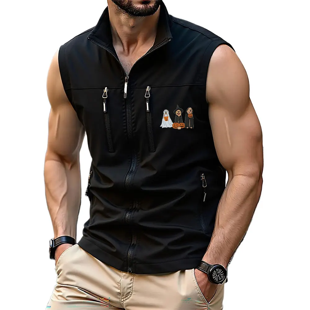 

Мужской жилет-карго на Хэллоуин с собачьим принтом, жилет с несколькими молниями, подходит для осеннего спортивного жилета для бега, ветрозащитная верхняя одежда