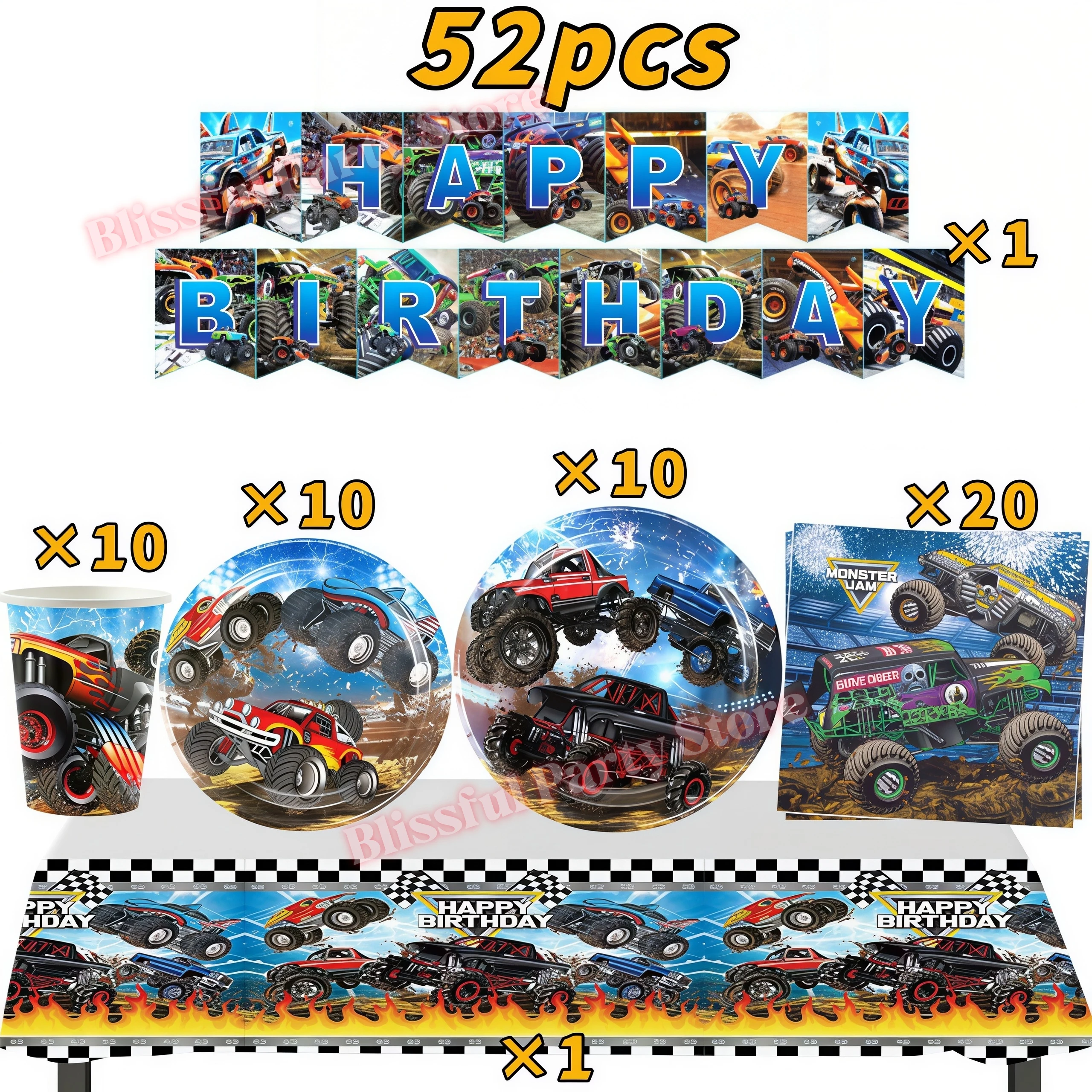 Monster Truck Party-Zubehör Jungen Rennwagen-Party-Dekorationen Teller Becher Luftballons Banner für Kinder Jungen 2. Geburtstag Party-Dekorationen – Detail 22