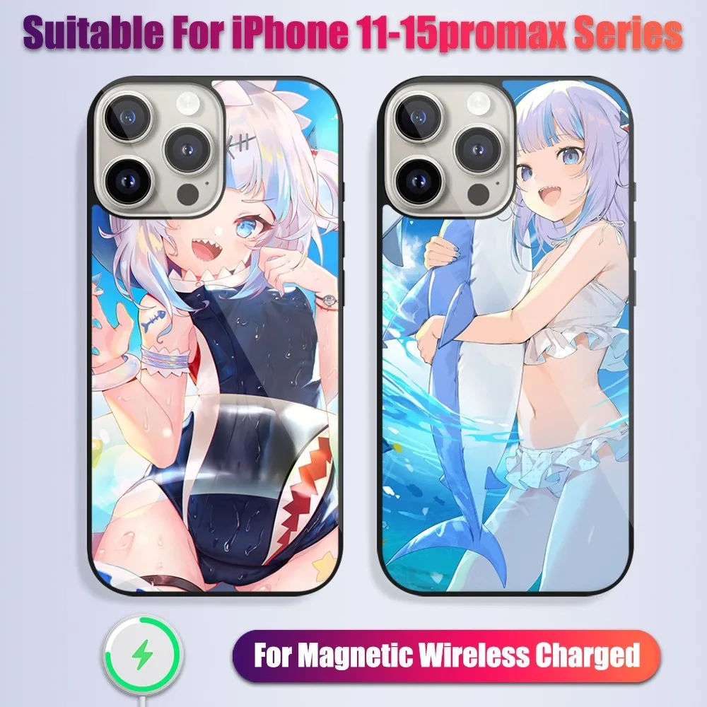 

Gawr Gura Hololive Phone Case For iPhone 13 14 15 11 12 Pro Max Plus Glass Charging Magsafe Magnetic Cover