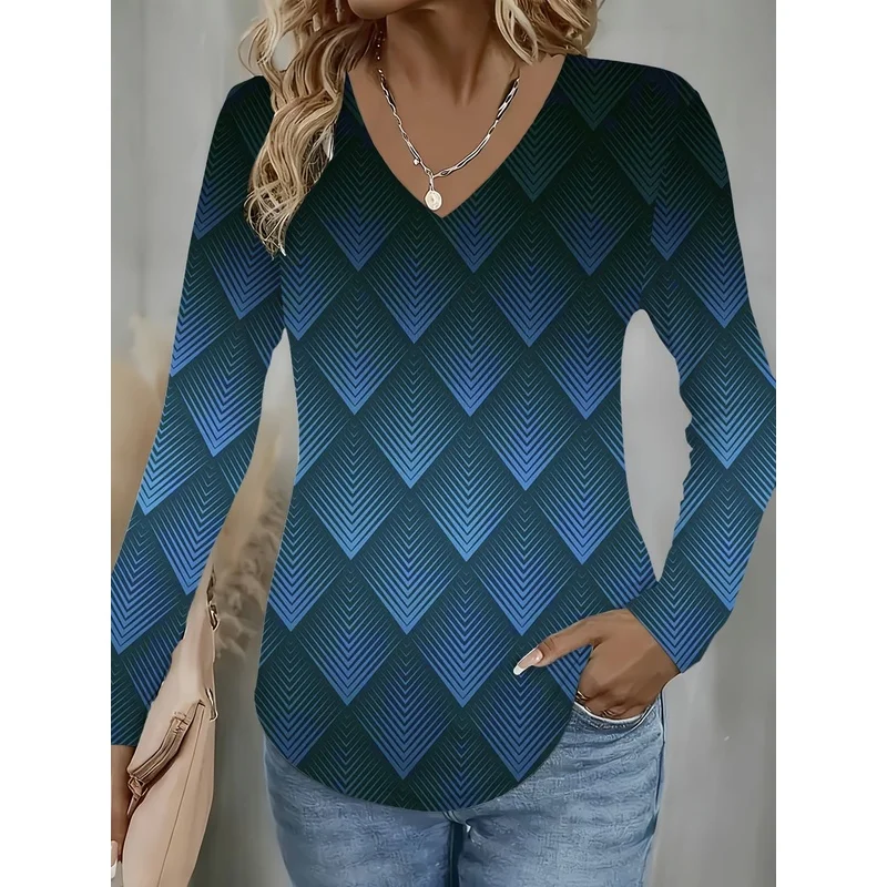 Blue Gradient Geometric Pattern Women's Long Sleeve V Neck Casual T Shirt Comfortable Everyday Wear Top Ideal Present for Girlfr
