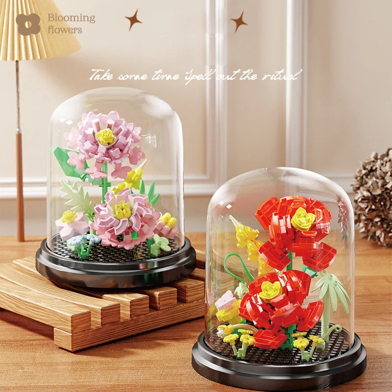 Creative Plant Flower Micro Diamond Block Sunflower Peach Blossom Rose Nanobrick Building Brick Toy Display Stand For Gifts