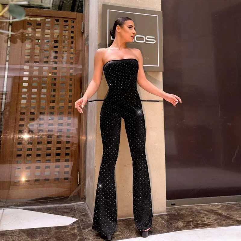 

Strapl High Waist Cinching Wide Leg Jumpsuit Women's Original Design Diamond Embellied Ultra Thin Cotton Rer