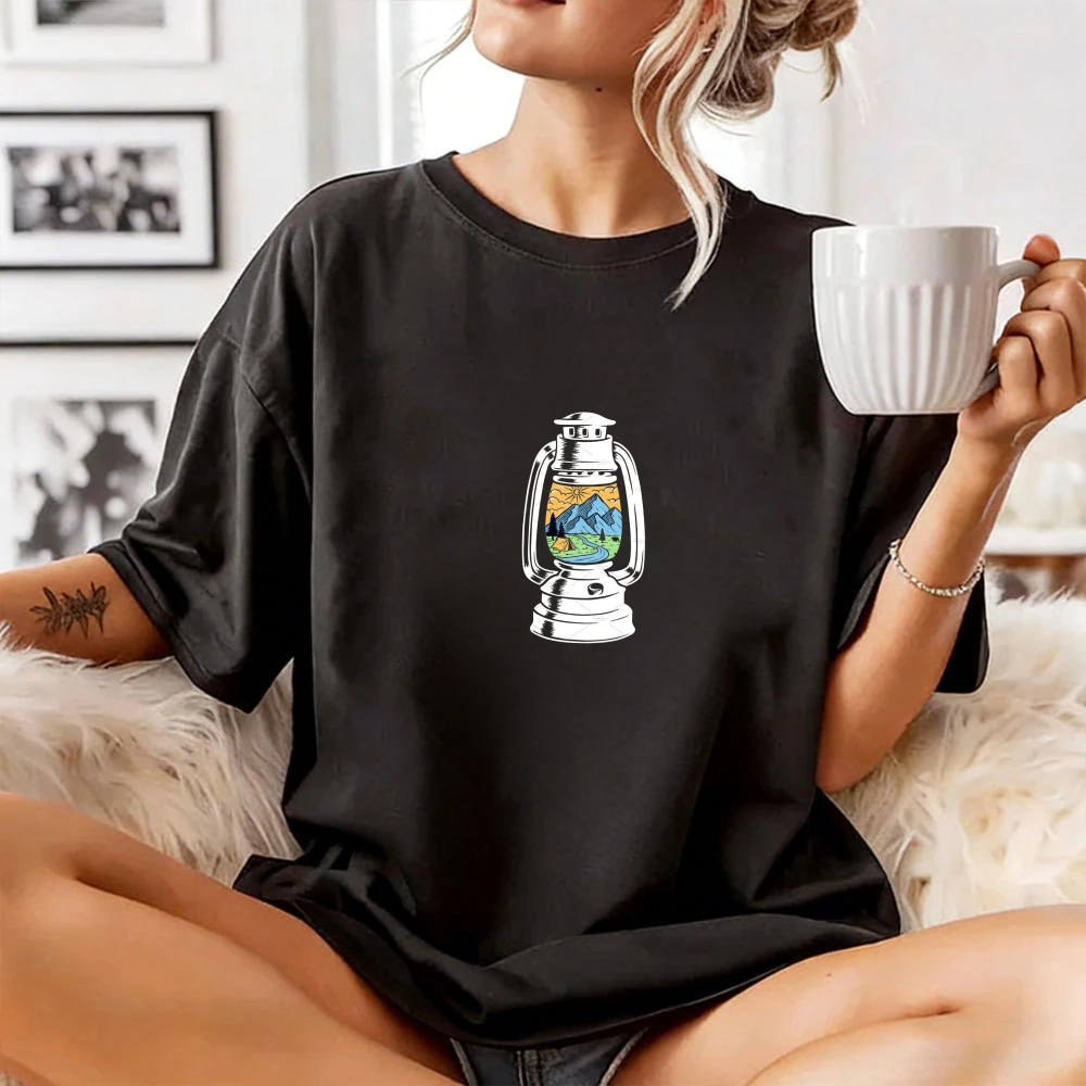 Vintage Lantern Mountain Graphic Print Camping Scenery Miniature Nature Unisex Cotton T-Shirt Summer Outdoor Harajuku Tee Tops