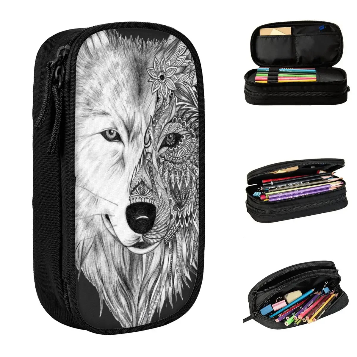 

Gray Wolf Pencil Case Classic Animal Wolves Wild Animals Pen Holder Bag Student Large Storage School Supplies Gift Pencil Box