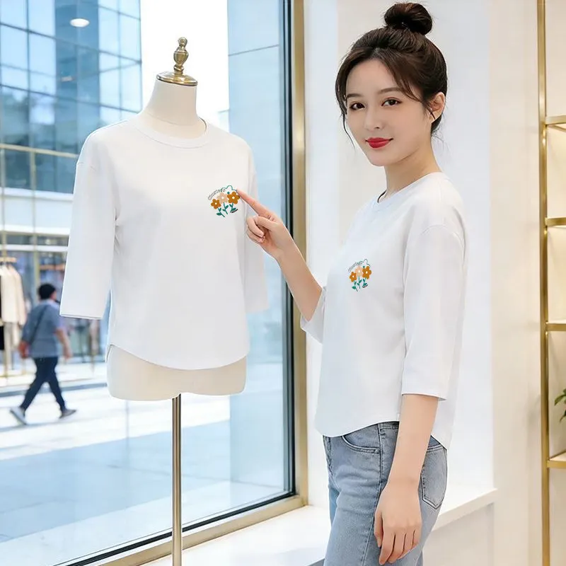 

White round Neck Short Sleeve Floral Print T-Shirt Women's Spring Autumn Inner Wear Base Shirt Polyester Fiber Casual Style