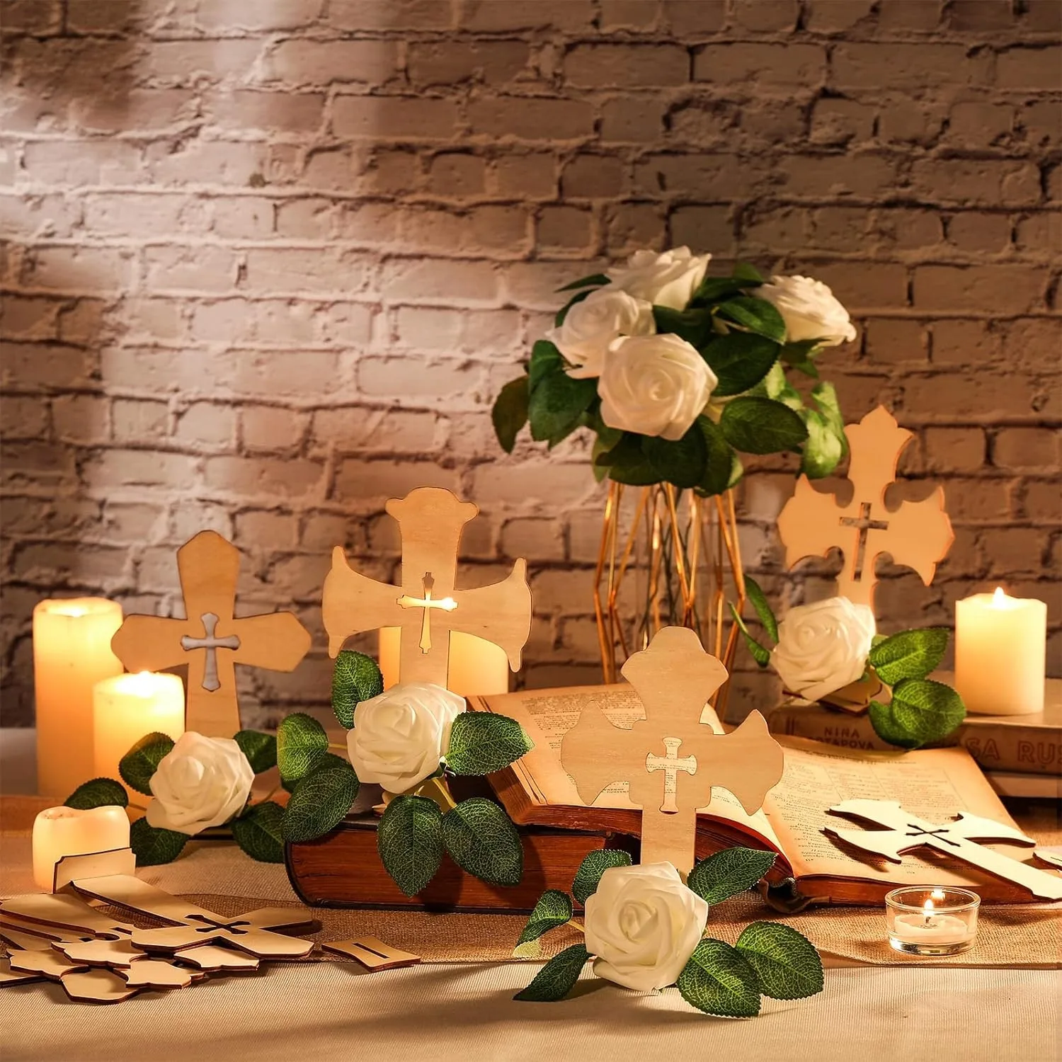 8PCS Wooden Cross with Base and Artificial Flower Fake Rose First Communion Centerpiece Wedding Home Decor (Wooden) Crafts