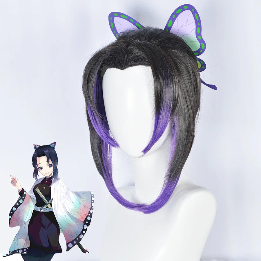 Demon Slayer Cosplay Peruca para Mulheres, Kochou Shinobu, Kimetsu no Yaiba, Anime, Preto, Roxo, Headwear, Resistente ao Calor, Perucas de Cabelo