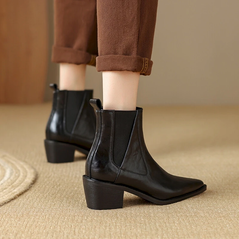 Nowość Jesienne buty damskie Split Leather Shoes for Women Pointed Toe Chunky Heel Shoes Slip-on Ankle Boots Handmade Western Boots