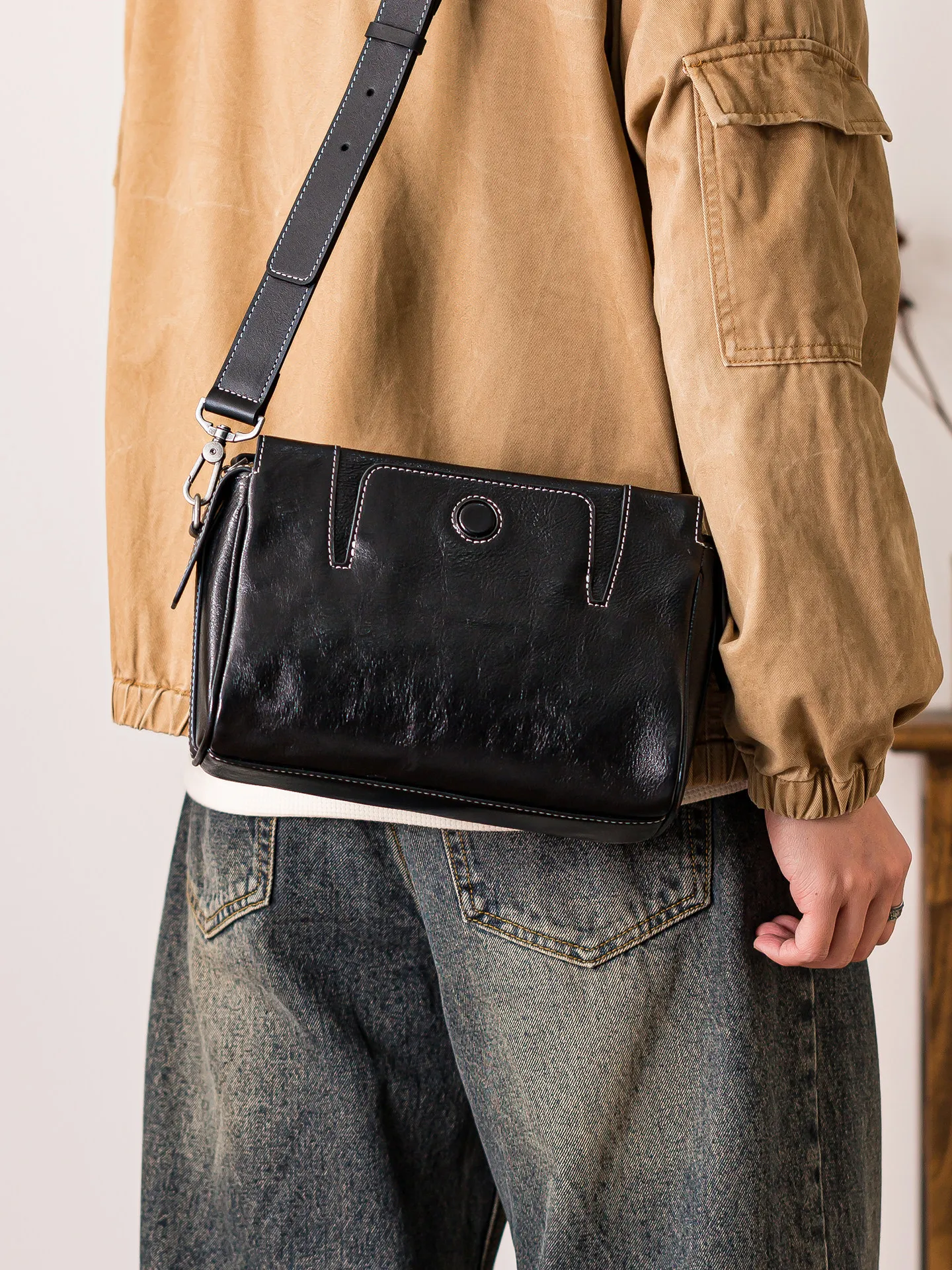 outdoor travel luxury first layer cowhide men's black messenger bag casual organizer designer genuine leather shoulder bag