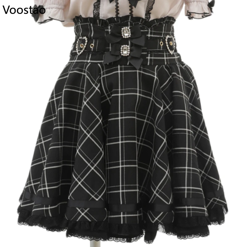 Gothic Lolita Ribbon Double Bow High Waist Skirt Women Sweet Pearl Buckle Lace Pleated Skirt Japanese Cute A-Line Mini Skirts