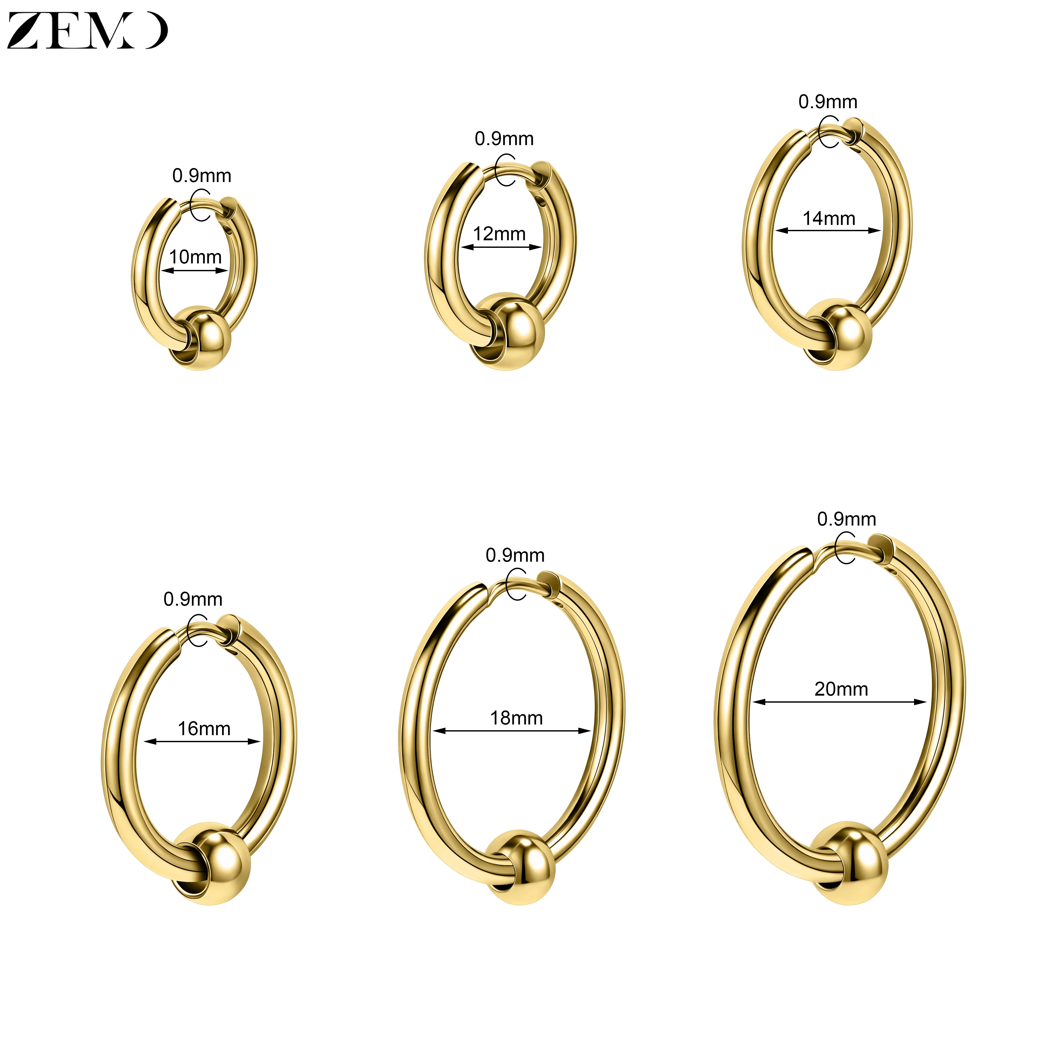 ZEMO 1 PC Rock Stainless Steel Hoop Earrings For Men Women Round Earring Ball Ear Cuff Tragus Helix Piercing 10/12/14/16/18/20MM