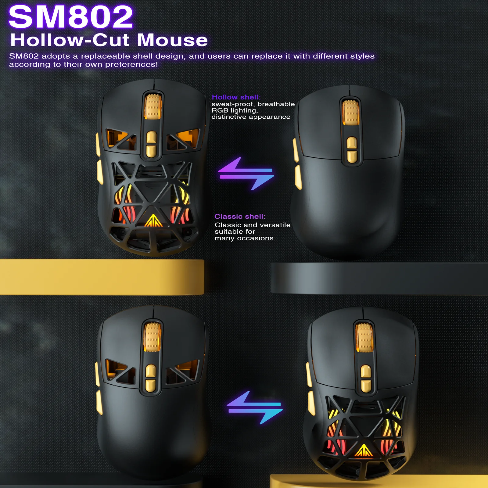 SOLAKAKA SM802 Mouse da gioco tri-modale RGB Wireless Ultraleggero Mouse silenzioso personalizzabile Mouse da gioco E-sports cablato 2.4G/BT per PC