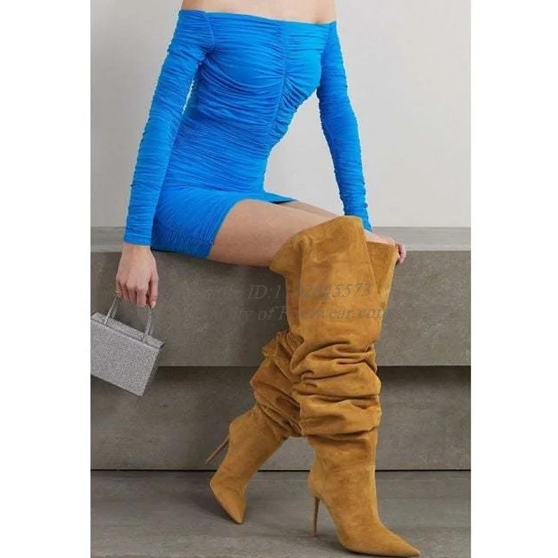 

2024 Winter New in Suede Sexy Thigh High Boots Pointed Toe Women's High Heels Colorful Over Knee Boots Luxury Designer Shoes