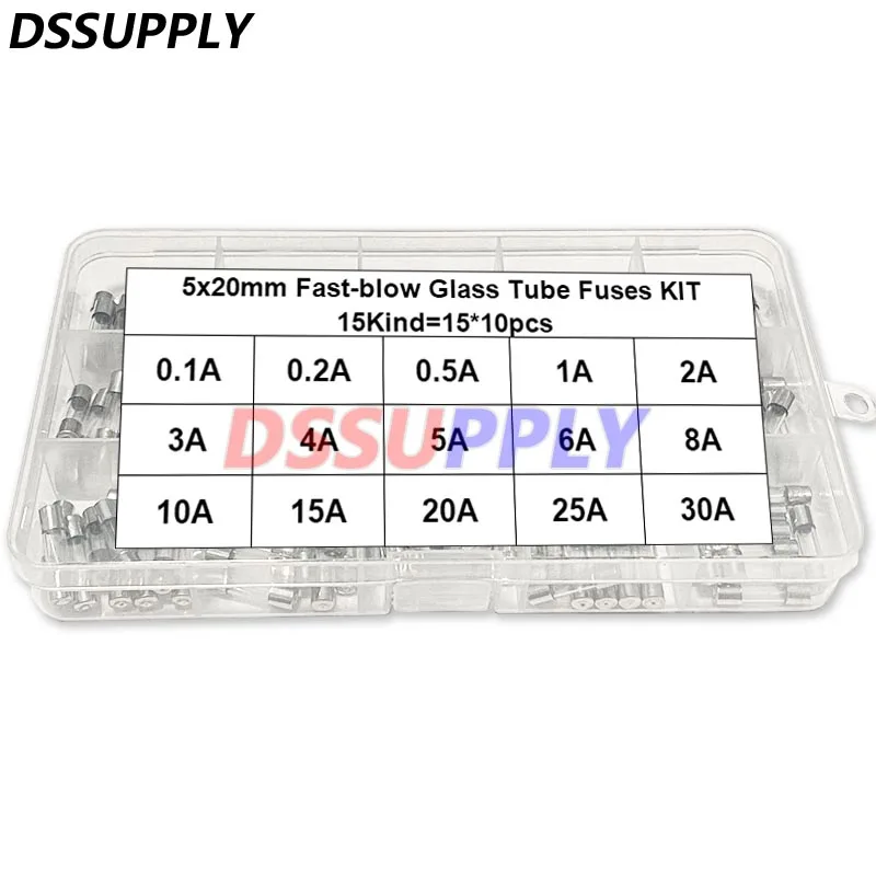 150PCS/Set 5*20 Free Box Fast-blow Glass Tube Fuses Car Glass Tube Fuses Assorted Kits, 5X20mm Fusiveis 0.1A-30A Household Fuses