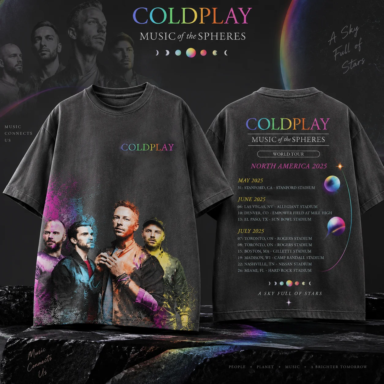 Coldplay Music Of The Spheres Tour Unisex Washed T-Shirt, Front & Back 3D Print, Street Casual Vintage Rock Short Sleeve Tee