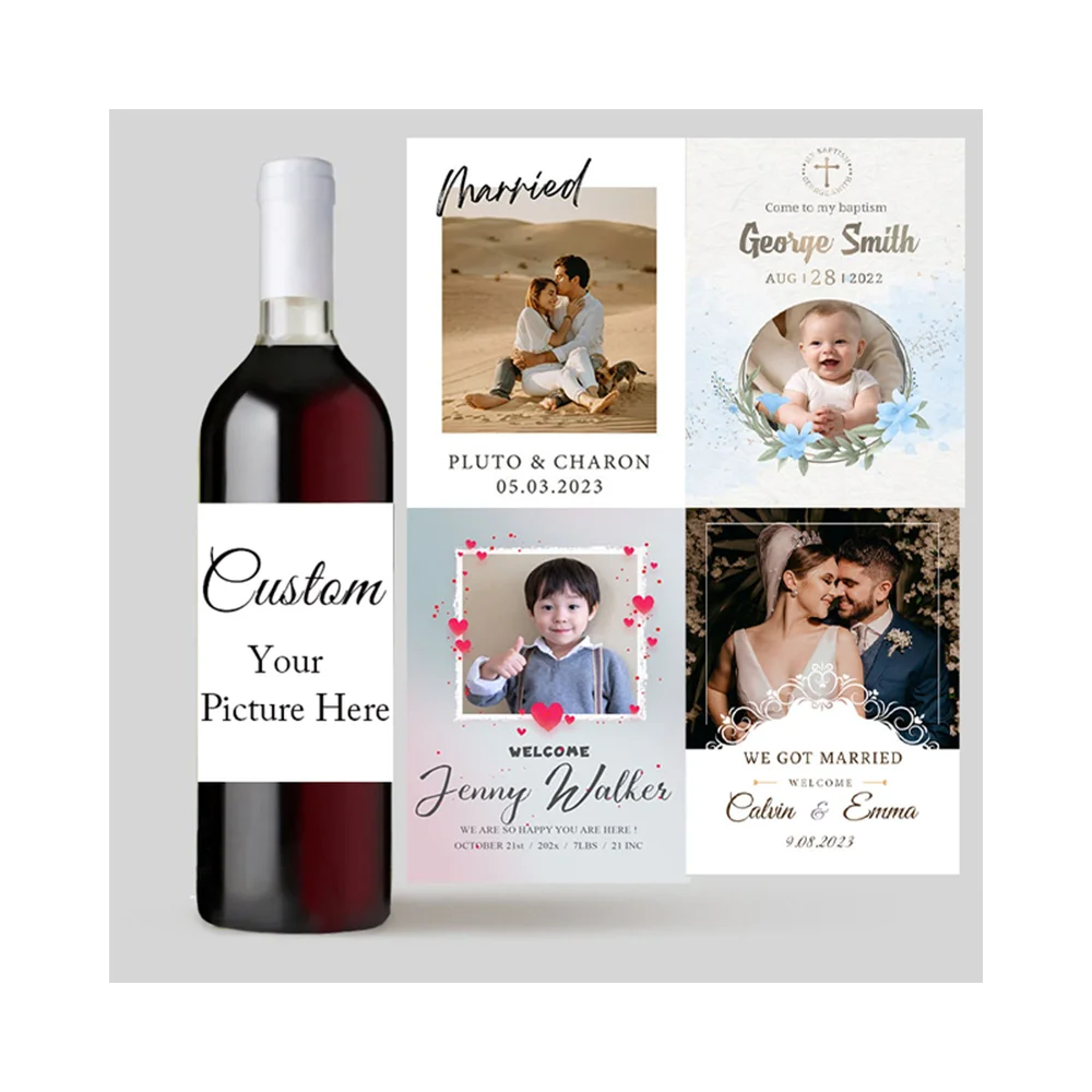 20pcs Custom Wedding Wine Bottle Stickers  Printing Photo Birthday Baptism Baby Shower Pregnancy Baby Announcement Wine Label