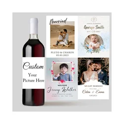 Pegatinas de botella de vino de boda personalizadas, 20 piezas, foto impresa, cumpleaños, bautismo, Baby Shower, embarazo, anuncio de bebé, etiqueta de vino