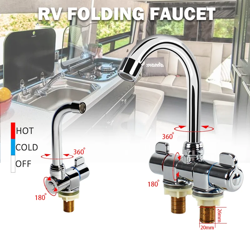 RV Folding Faucet para Cozinha e Banheiro, Pia Quente ou Fria, Caravan Marine Accessories, 180 Graus, 360 Rotating