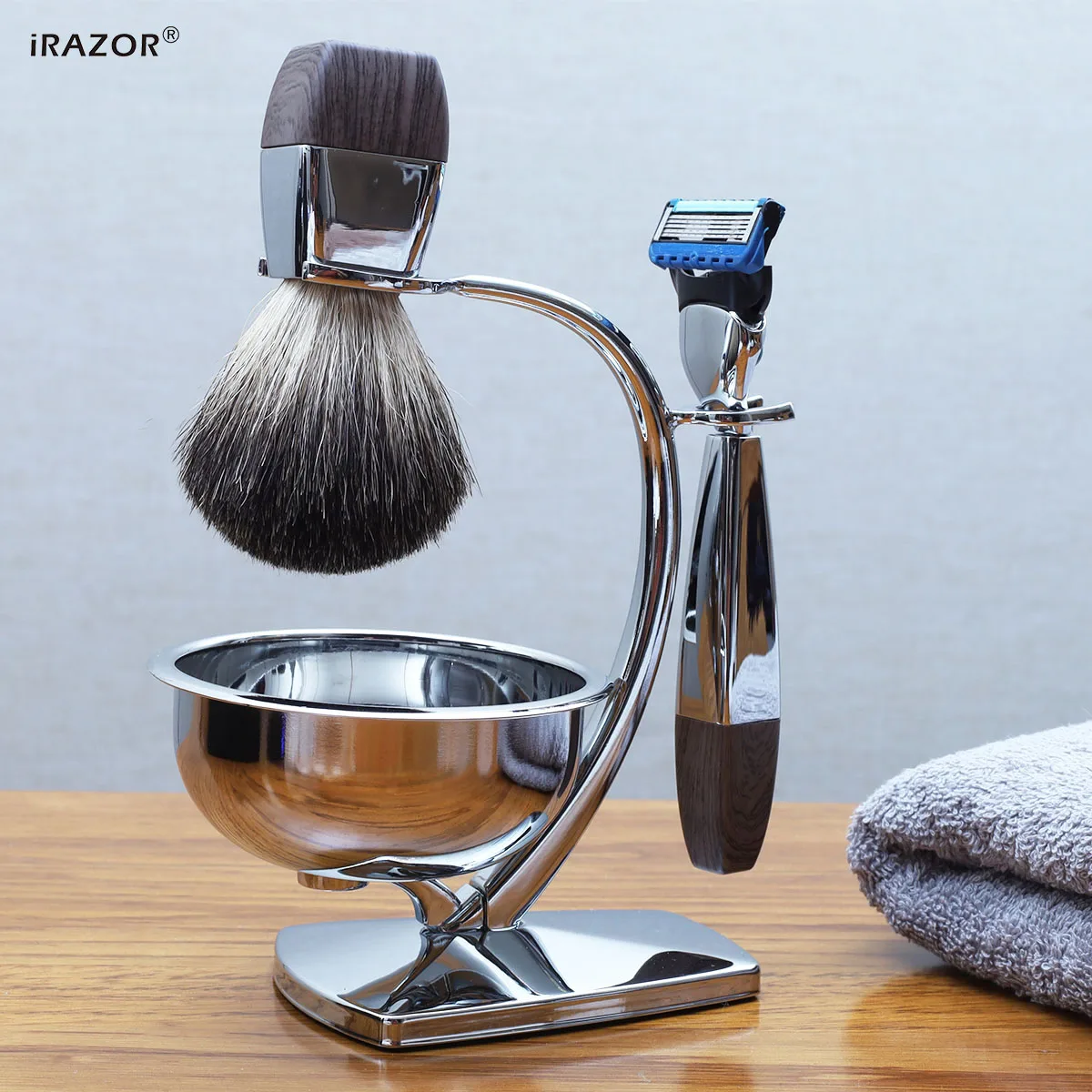 iRAZOR 4-Piece Men's Wet Shaving Kit with Cartridge Safety Razor Soft Shave Brush Soap Bowl & Stand Barber Grooming Gift Set
