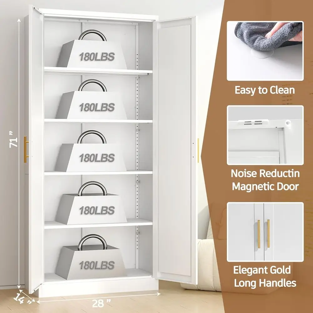 71 Tall Metal Kitchen Pantry Cabinet with 2 Doors and 4 Adjustable Shelves for Kitchen, Living Room, Laundry Room - White