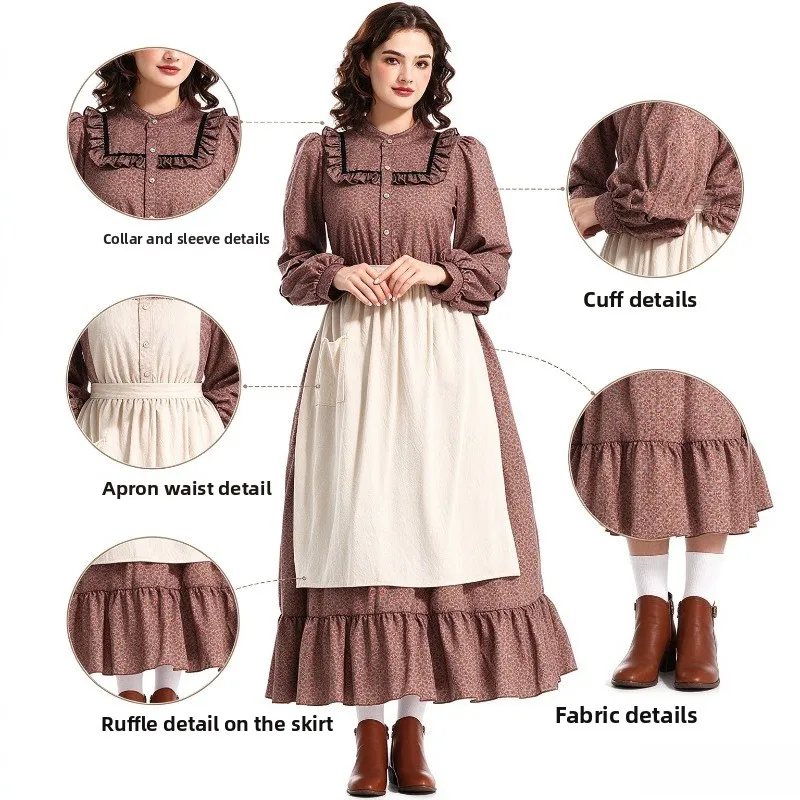 Women Colonial Pioneer Costume Long Floral Dress with Apron Vintage Historical Halloween Fancy Dress Outfit