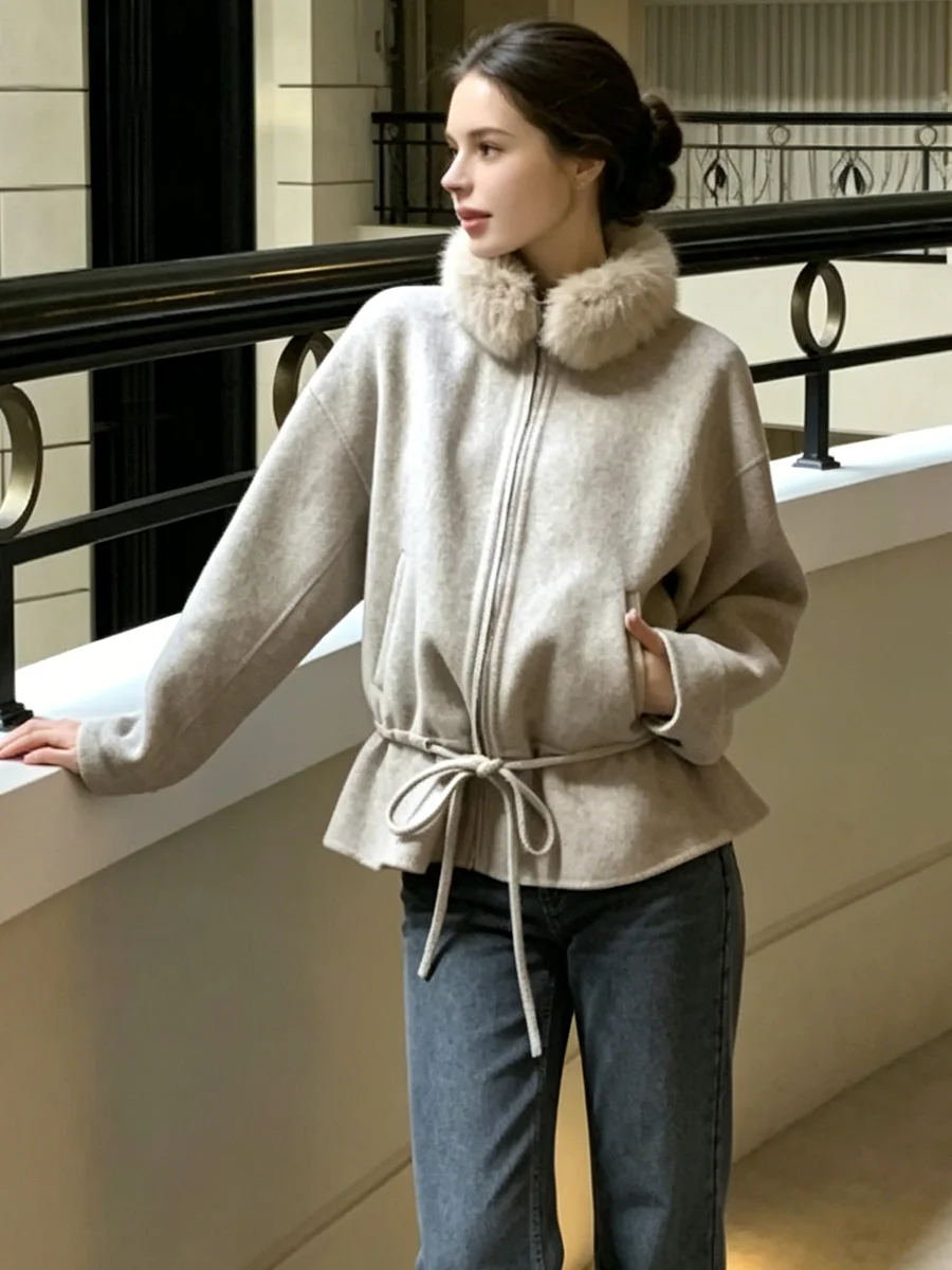 LIMO Women Short Coat Faux Fur Collar Drawstring Waist Zip Up Loose Winter Warm Jacket