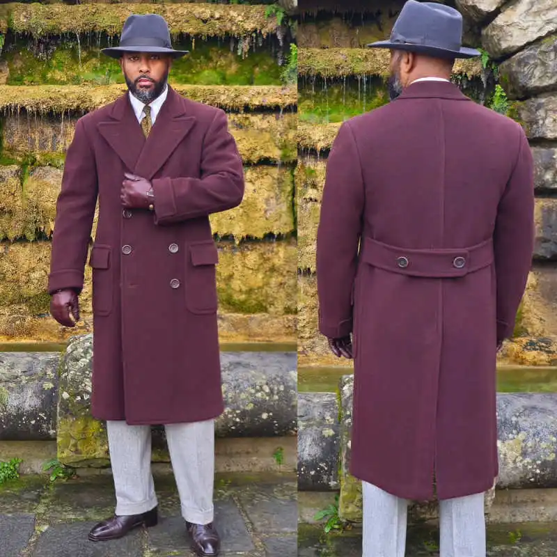 เสื้อโค้ทผู้ชายทรงยาวสำหรับฤดูใบไม้ร่วงและฤดูหนาว ดีไซน์ทันสมัย ปกแหลม กระดุมสองแถว ผ้าผสมขนสัตว์ สั่งตัดได้