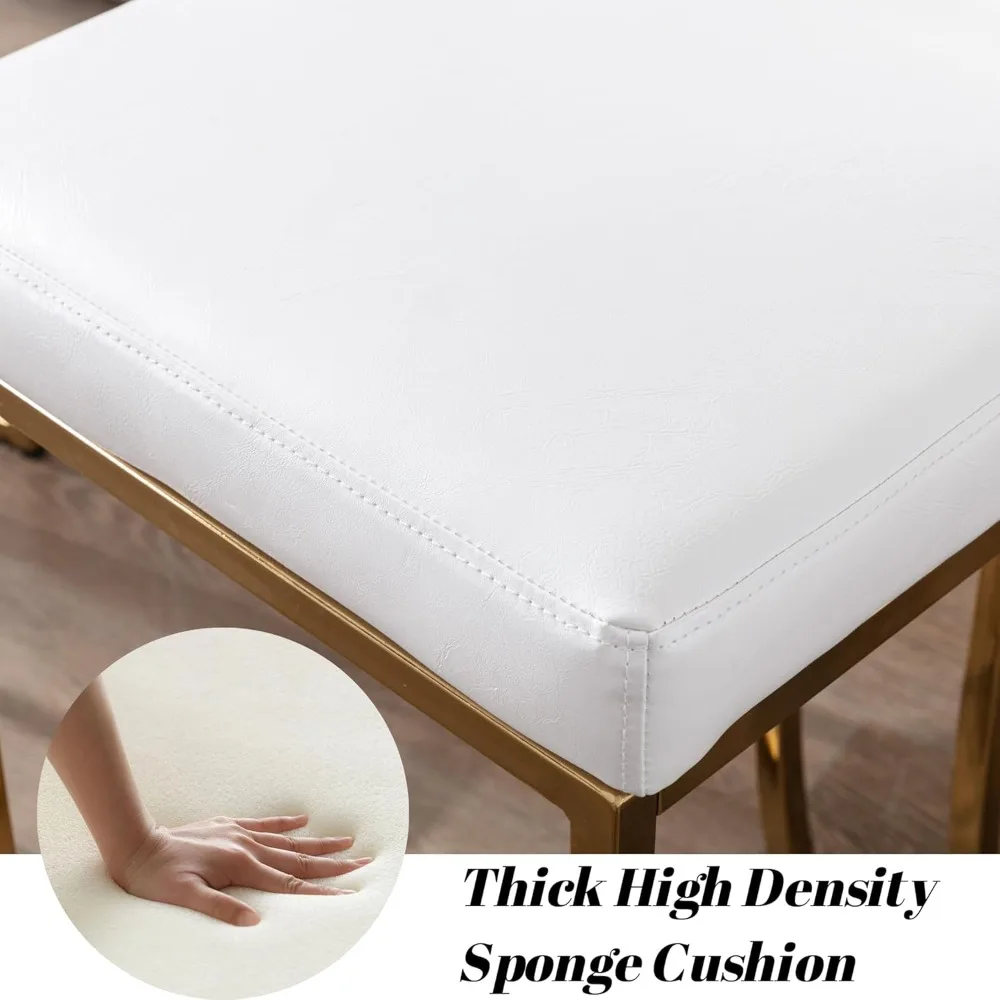 Bar Stools Set of 2 Leather Counter Stools with Gold Legs, 24"  White Island Chairs Upholstered Kitchen Bar Chairs with Back for