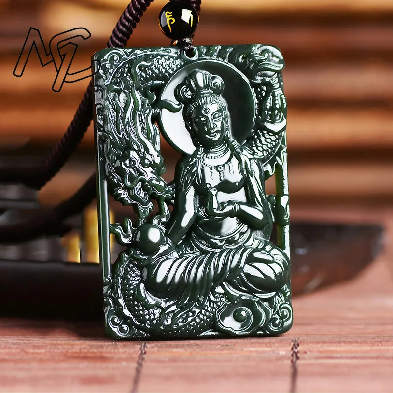 

Natural Hetian Green Jade Hollow Dragon Guanyin Pendant Beads Necklace Charm Jewellery Fashion Hand-Carved Man Luck Amulet Gifts