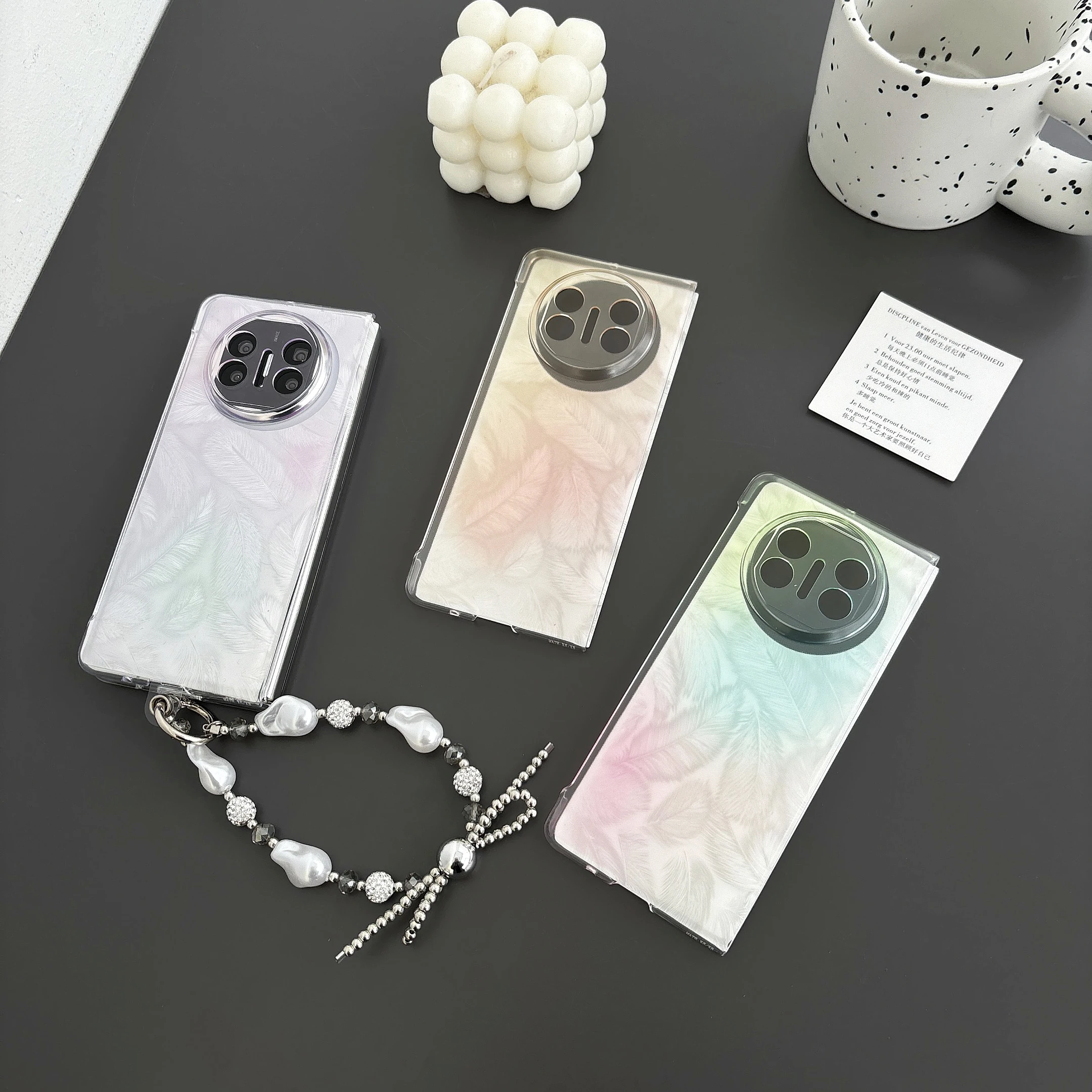 Gradient Camlet Feather Paper with Bracelet Wristband Chain Hard Acrylic Shockproof Phone Case For Huawei Mate X5 Back Cover