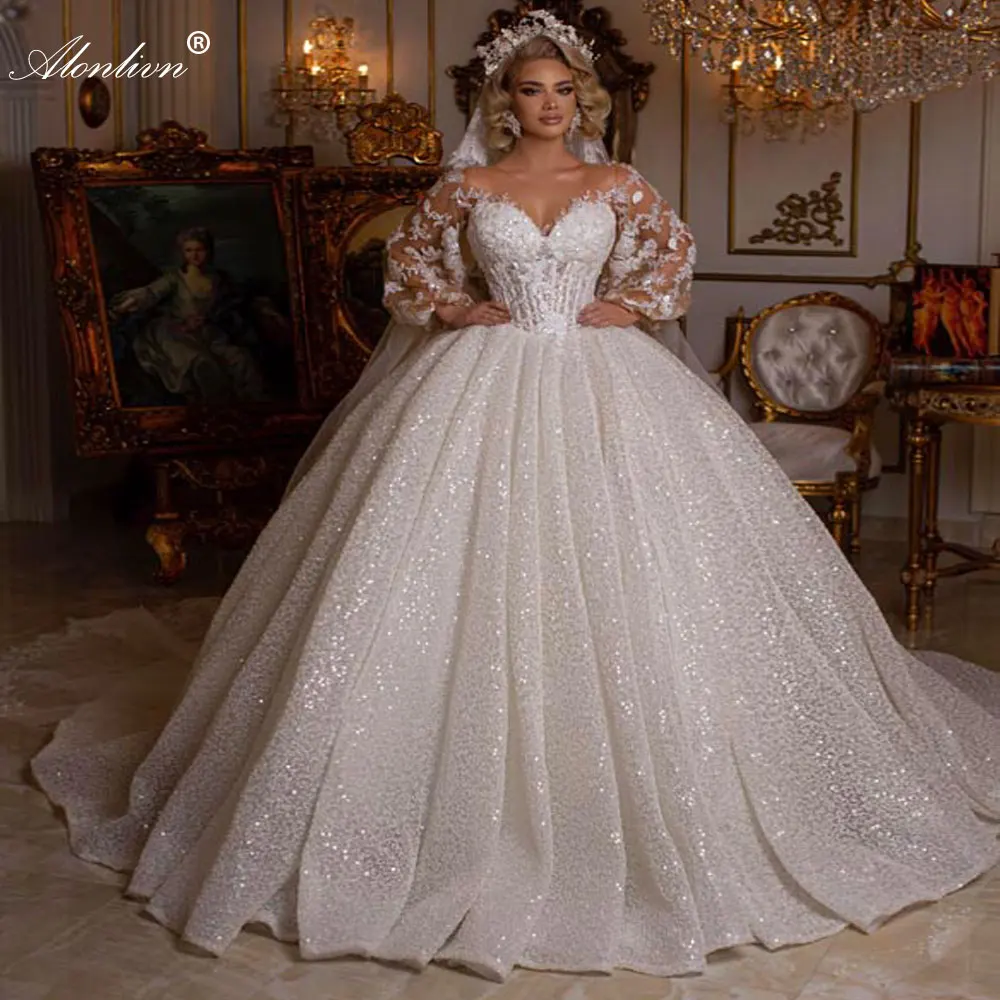 Alonlivn Gorgeous Bling Bling Skirt V Neckline Ball Gown Wedding Dress Puffy Sleeve Princess Bridal Dress