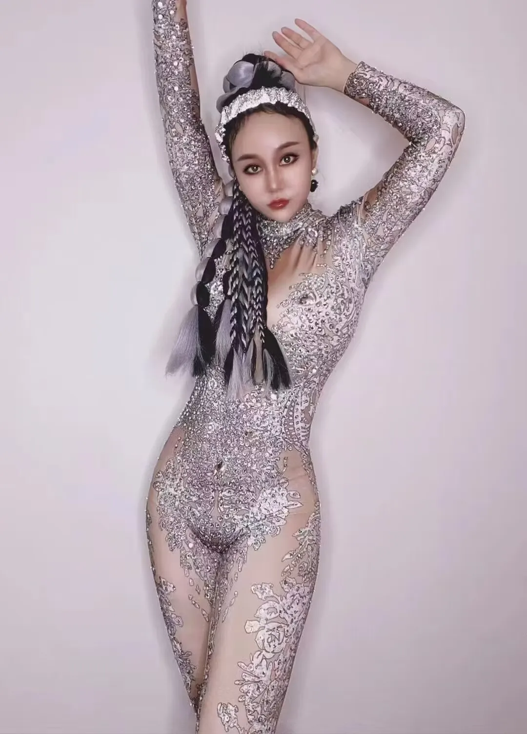 Sparkly Crystals Nude Jumpsuit Stretch Stones Outfit Celebrate Bright Rhinestones Bodysuit Costume Female Singer Birthday Dress