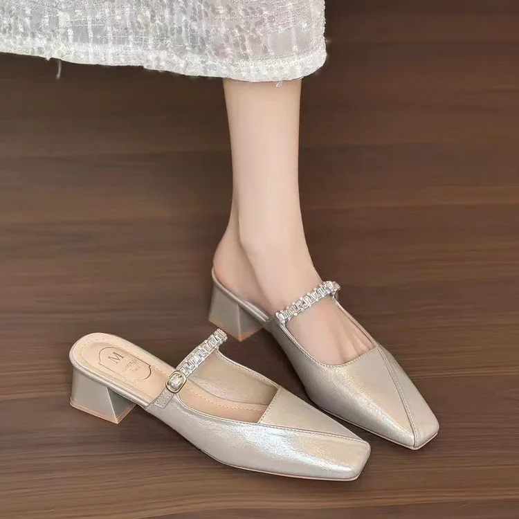 

Women's Summer Square-Toe Mules with Open Back , Chunky Heel Half Slippers, Outdoor Wear Single Shoes
