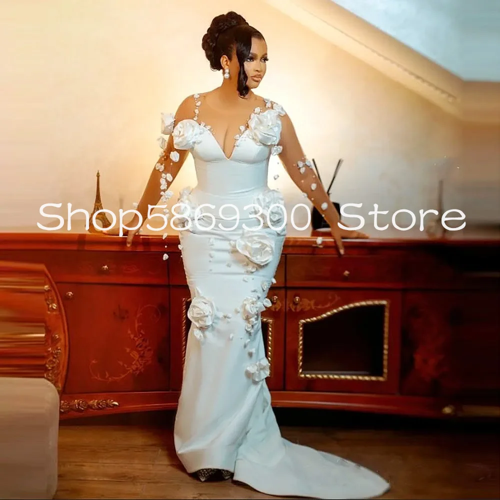 Aso Ebi Mermaid Wedding Dresses With Pearls Flowers Sheer Necklin vestidos de noviae Illusion Long Sleeves Bridal Dress