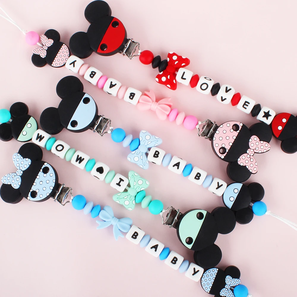 Personalized Name baby pacifier clips Custom Name Pacifier Chain English Letter Silicone Clips Mouse Holder Baby Teething Toy