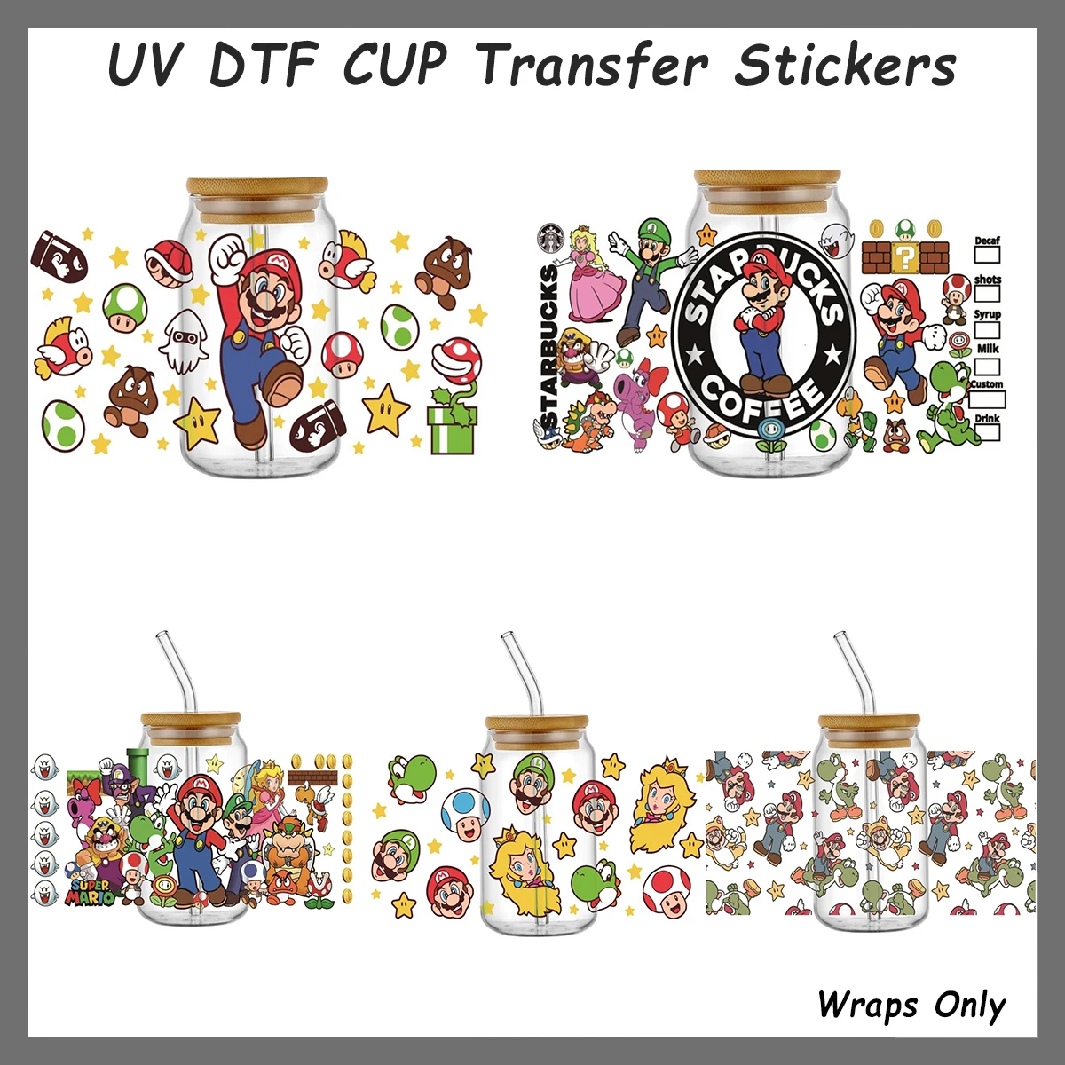 Kawaii Super Cartoon Game Style UV DTF Becherfolie für 16oz Libbey Glasdosen – Wasserdichter Transfer-Aufkleber DIY Tumbler-Dekor