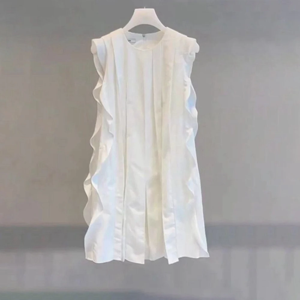 Huge good-looking French 2025 summer new beautiful lotus leaf edge small flying sleeves white dress