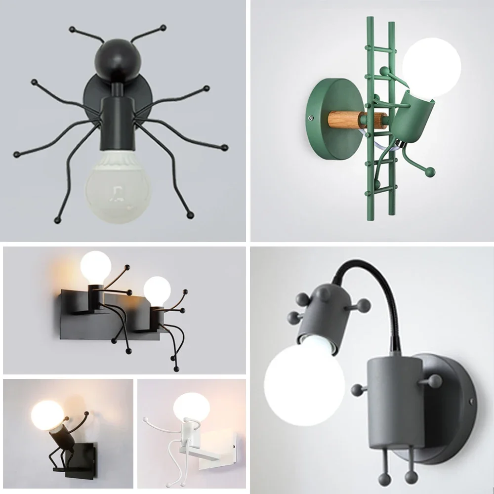 

Modern LED Wall Lamp Nordic Cartoon Doll Lights American Creative Metal Robot Sconce for Kids Baby Room Living Bedroom