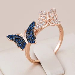 Kinel Hot Blue Natural Zircon Two Butterfly Ring For Women Unique 585 Rose Gold and Black Gold Plating Animal Daily Fine Jewelry